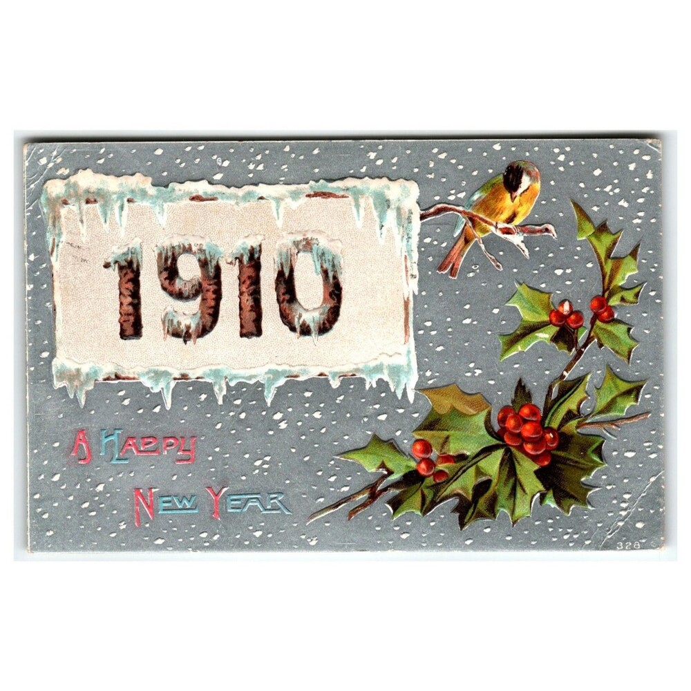 1910 New Year Postcard Embossed Bird Holly Portland OR Postmark 1909